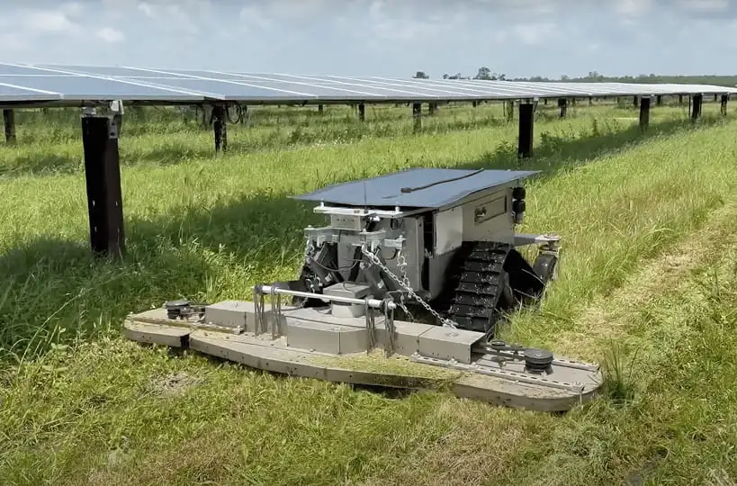 Robotic Lawn Mowing Machine cutting Grass in Solar Field